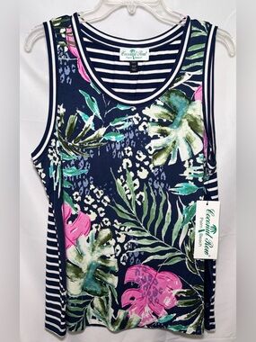 Coconut Row Palm Beach Tropical and Striped Sleeveless Top